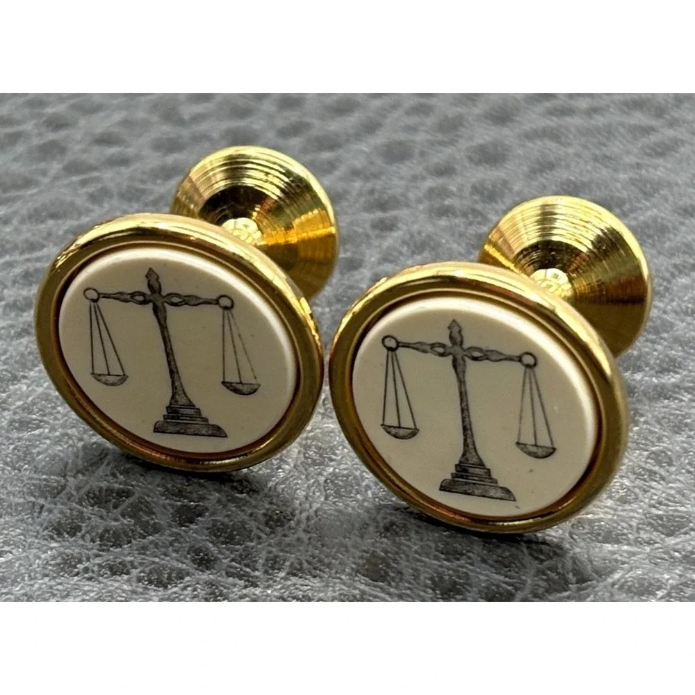 Vintage Barlow Scales of Justice Lawyer Judge Law Enamel Cufflinks Gold Tone